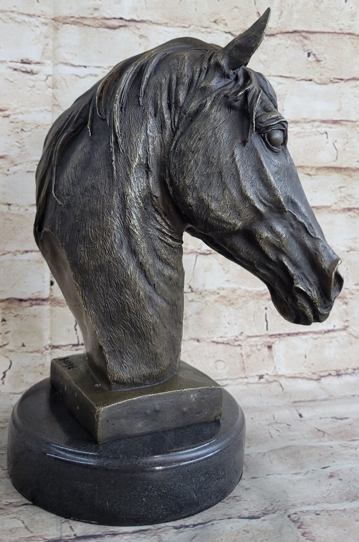 Signed Barye Bronze Bust Horse Head Sculpture Marble Base