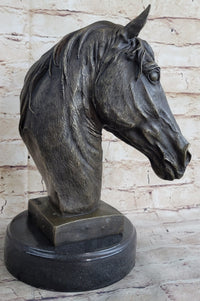 Signed Barye Bronze Bust Horse Head Sculpture Marble Base