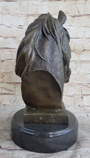 Signed Barye Bronze Bust Horse Head Sculpture Marble Base