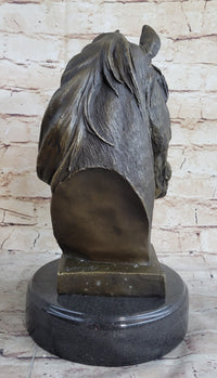 Signed Barye Bronze Bust Horse Head Sculpture Marble Base
