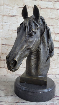 Signed Barye Bronze Bust Horse Head Sculpture Marble Base