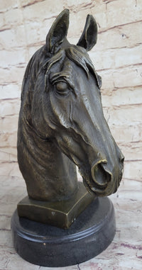 Signed Barye Bronze Bust Horse Head Sculpture Marble Base