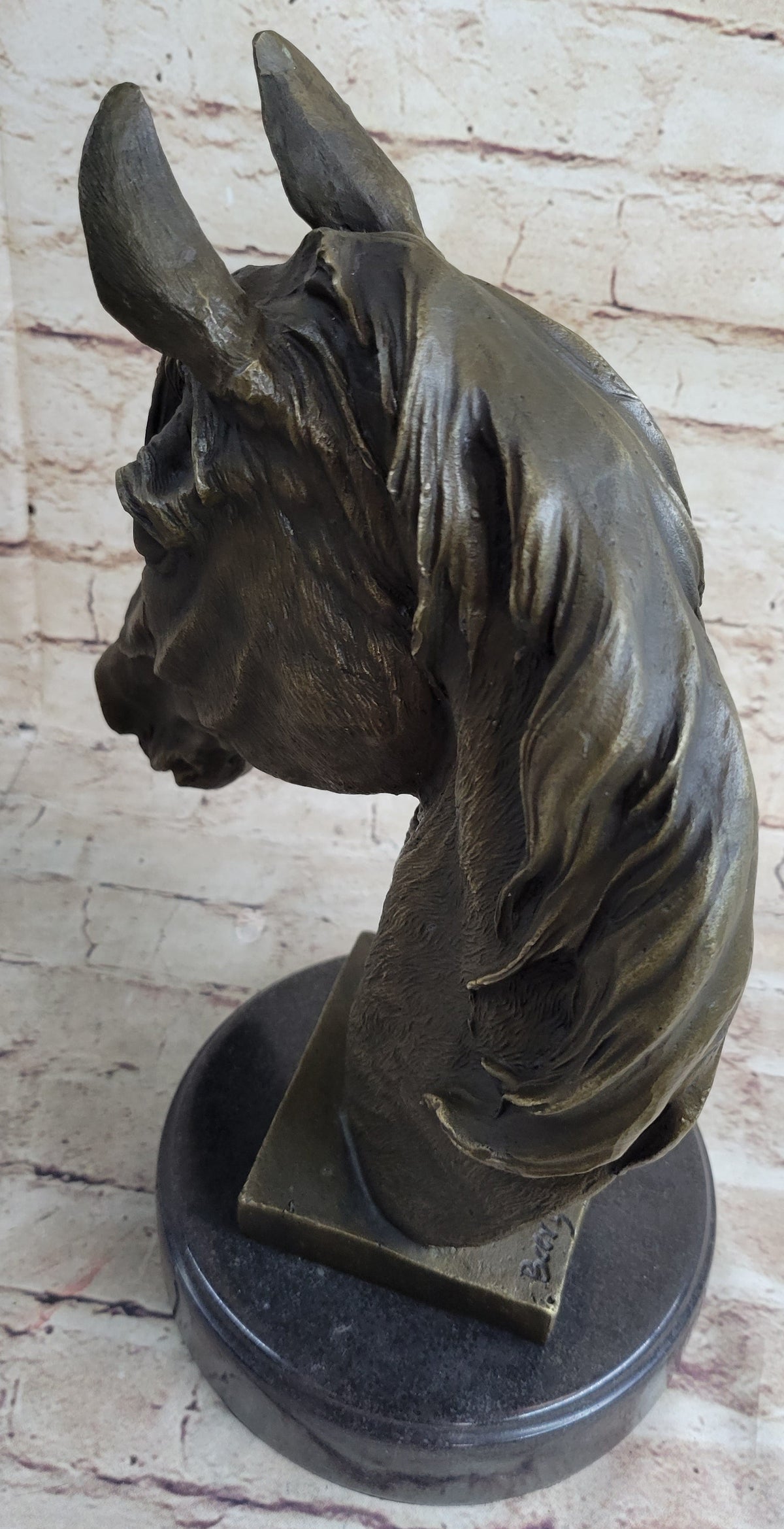 Signed Barye Bronze Bust Horse Head Sculpture Marble Base