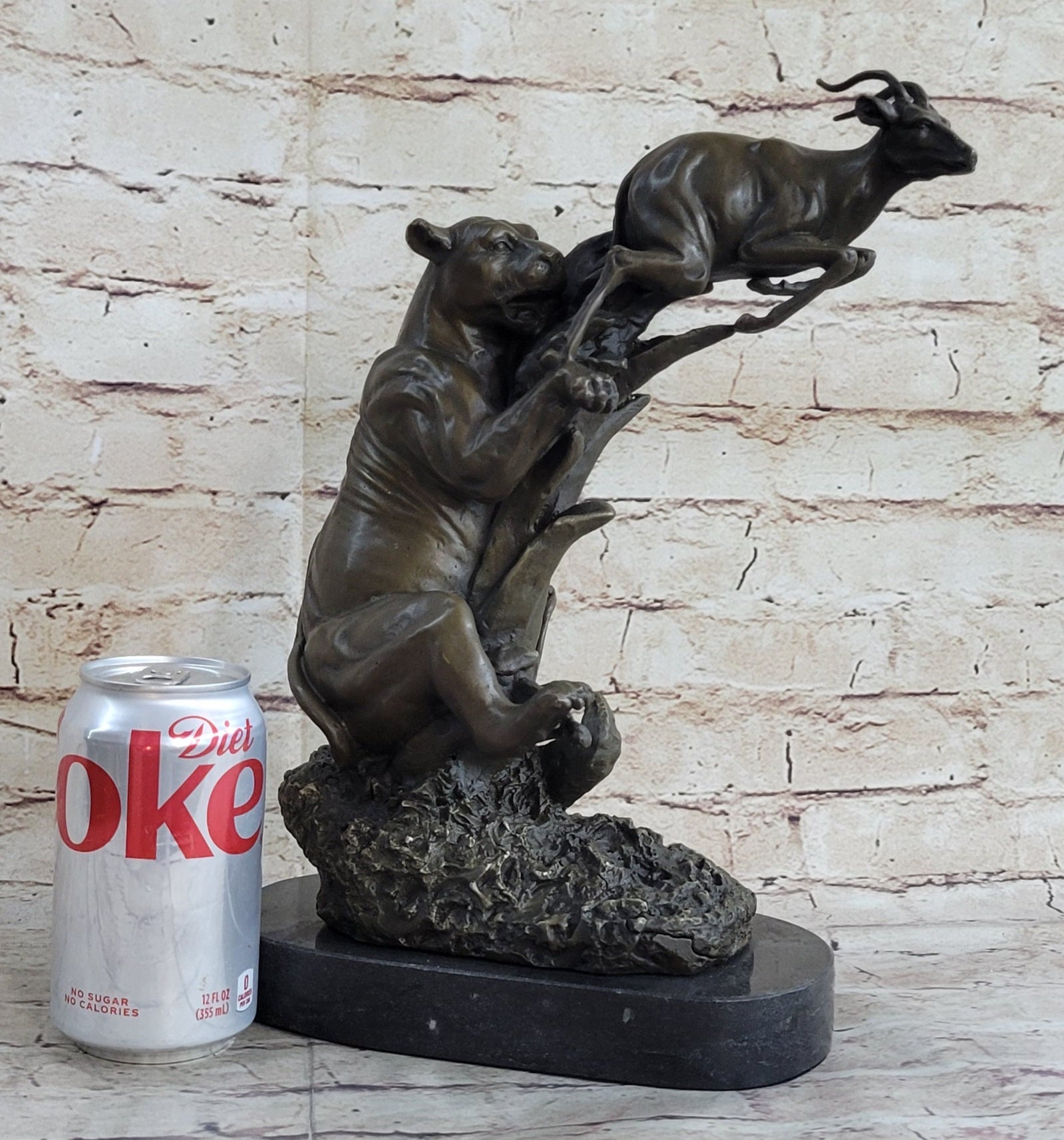 Barye Jaguar Attacking Baby Gazelle Bronze Marble Sculpture