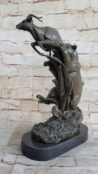 Barye Jaguar Attacking Baby Gazelle Bronze Marble Sculpture