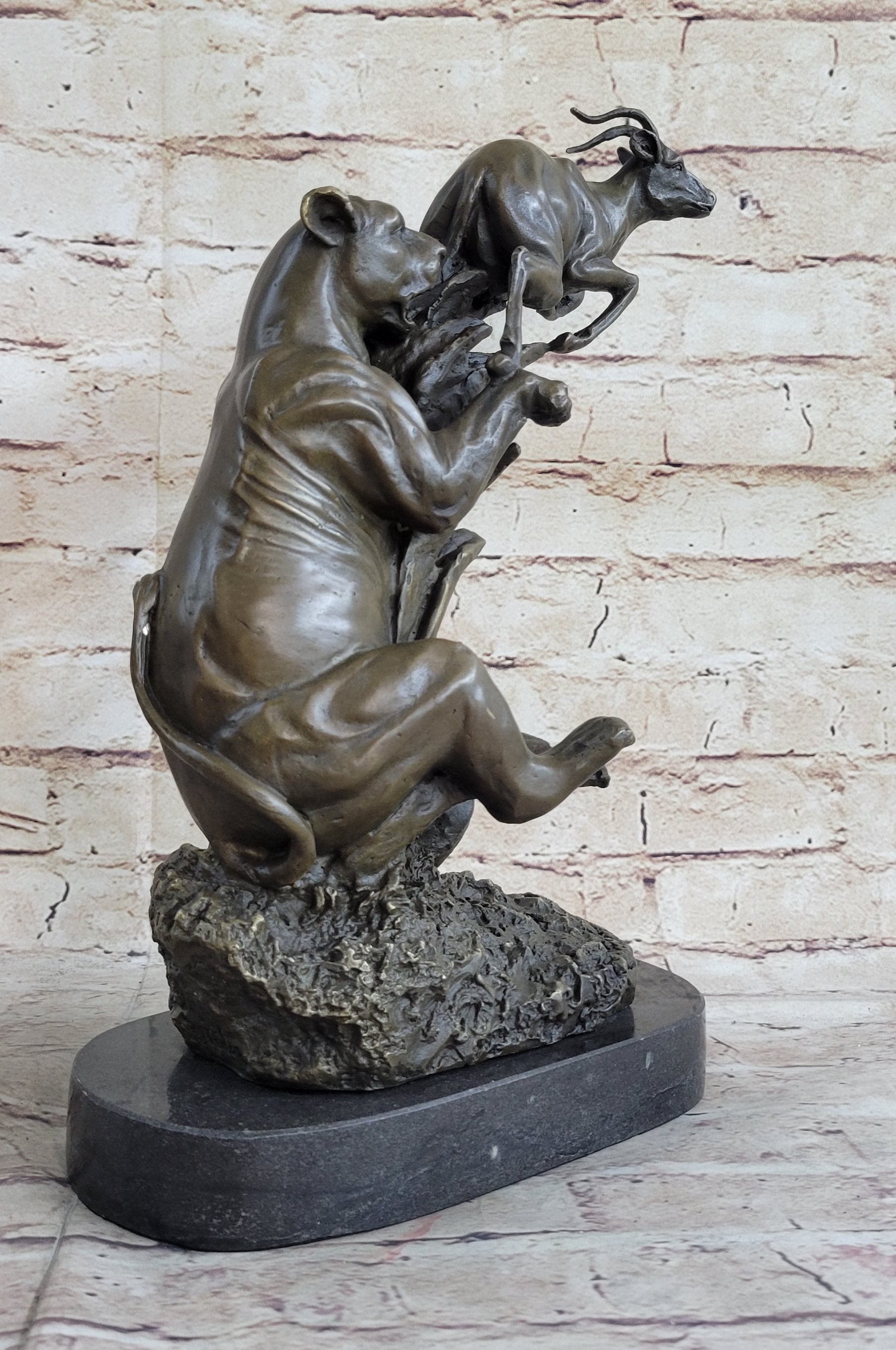 Barye Jaguar Attacking Baby Gazelle Bronze Marble Sculpture