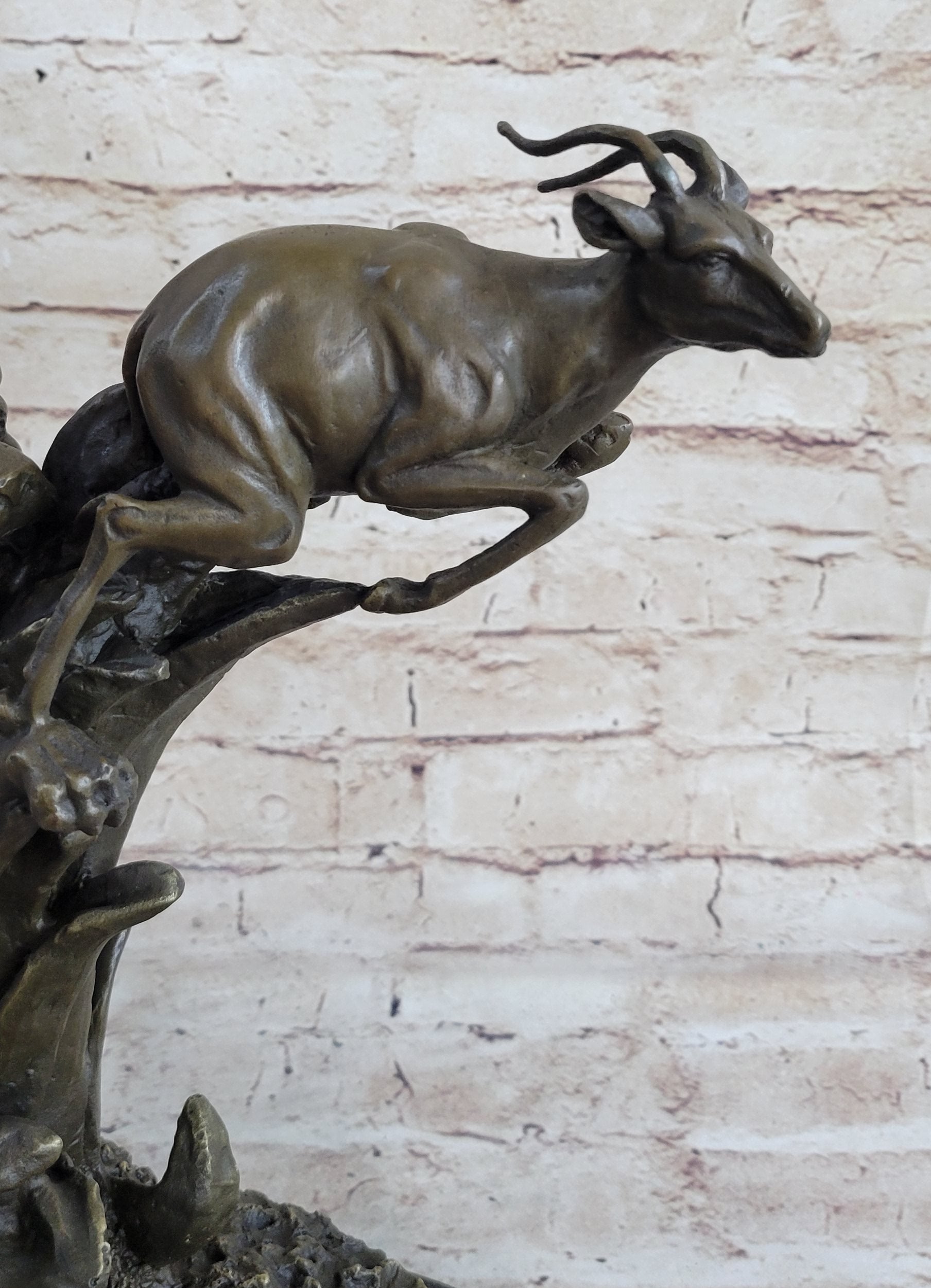 Barye Jaguar Attacking Baby Gazelle Bronze Marble Sculpture