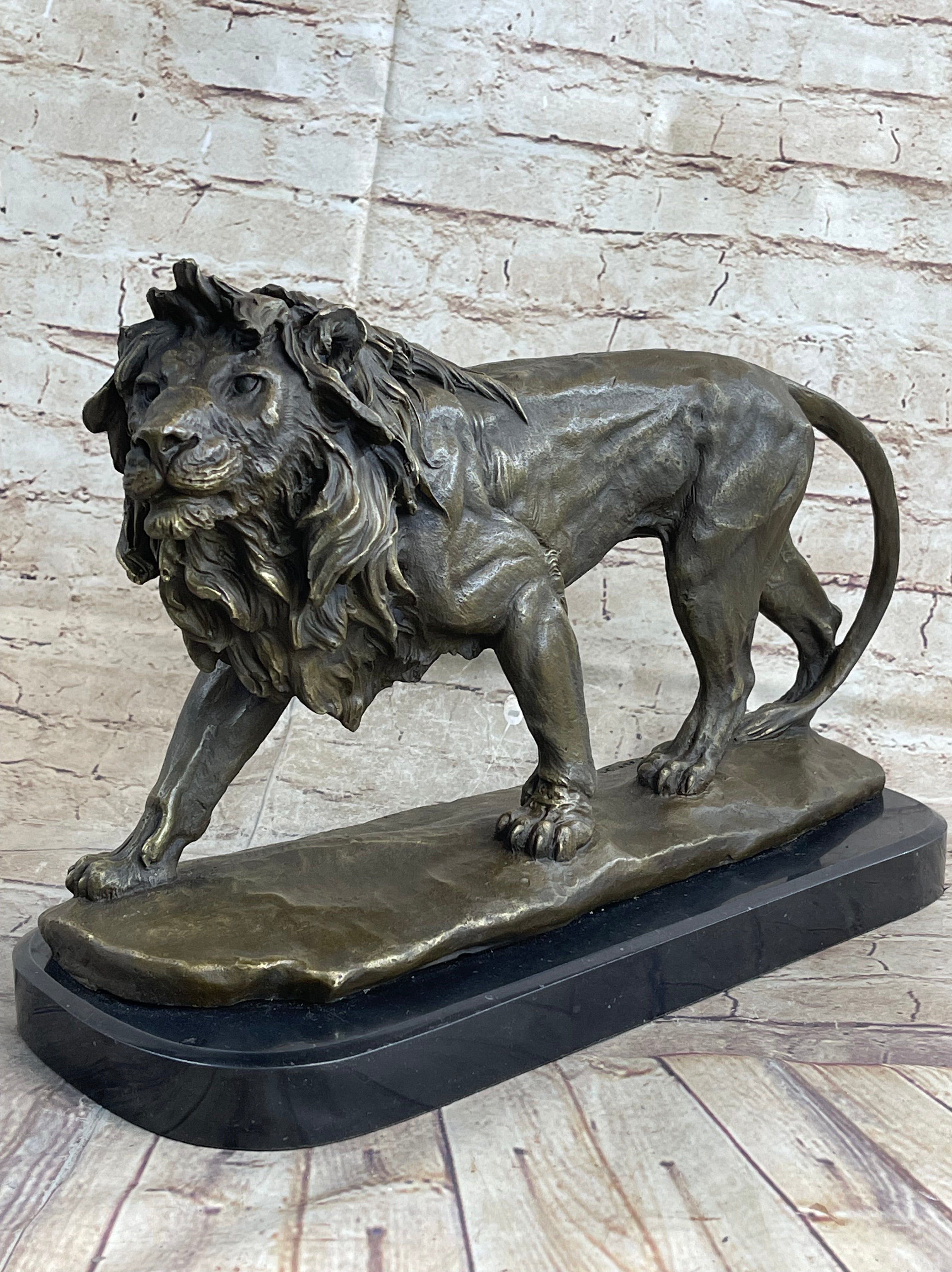 Lion Bronze Sculpture by Antoine Barye on Marble Base