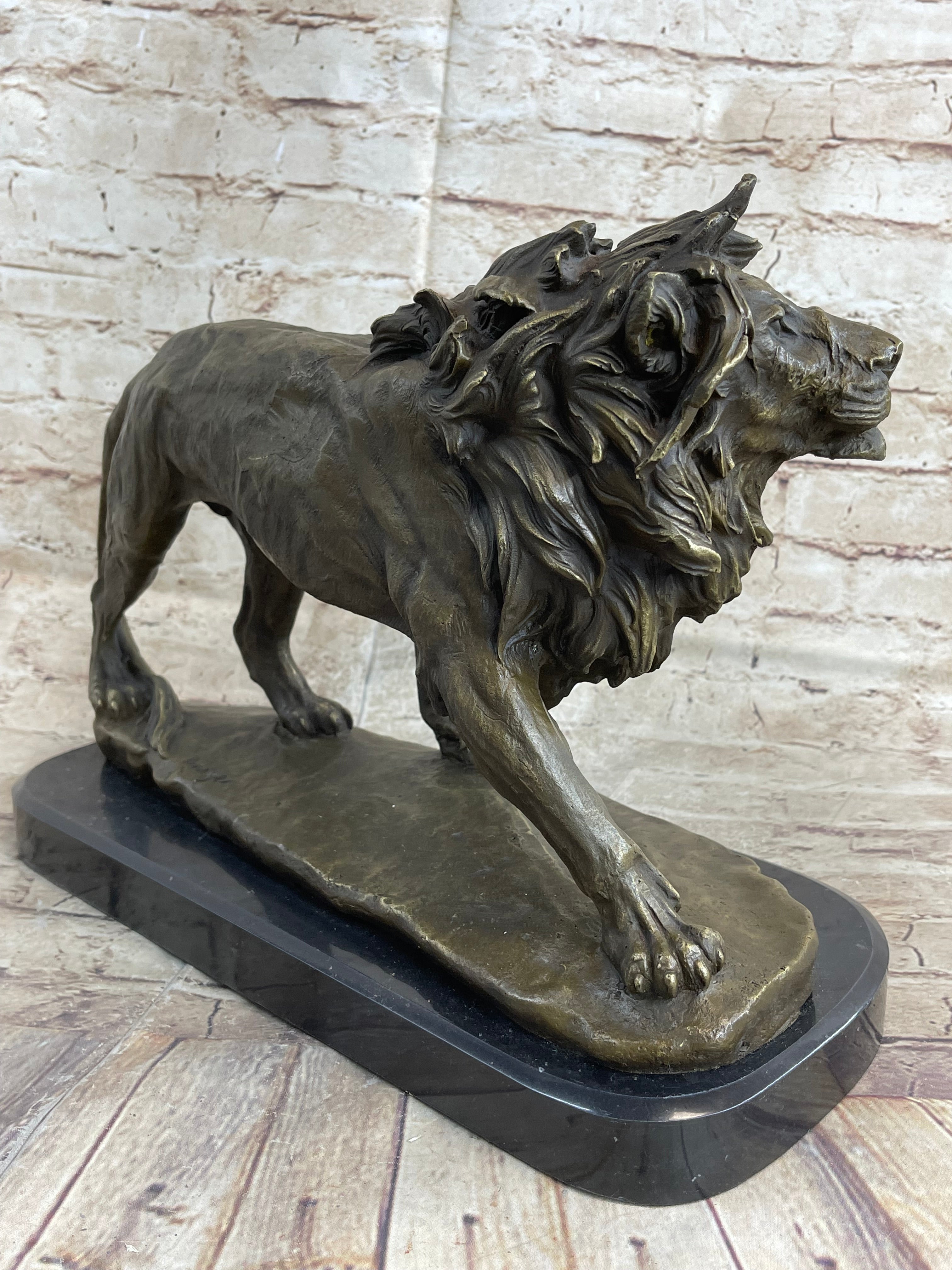 Lion Bronze Sculpture by Antoine Barye on Marble Base