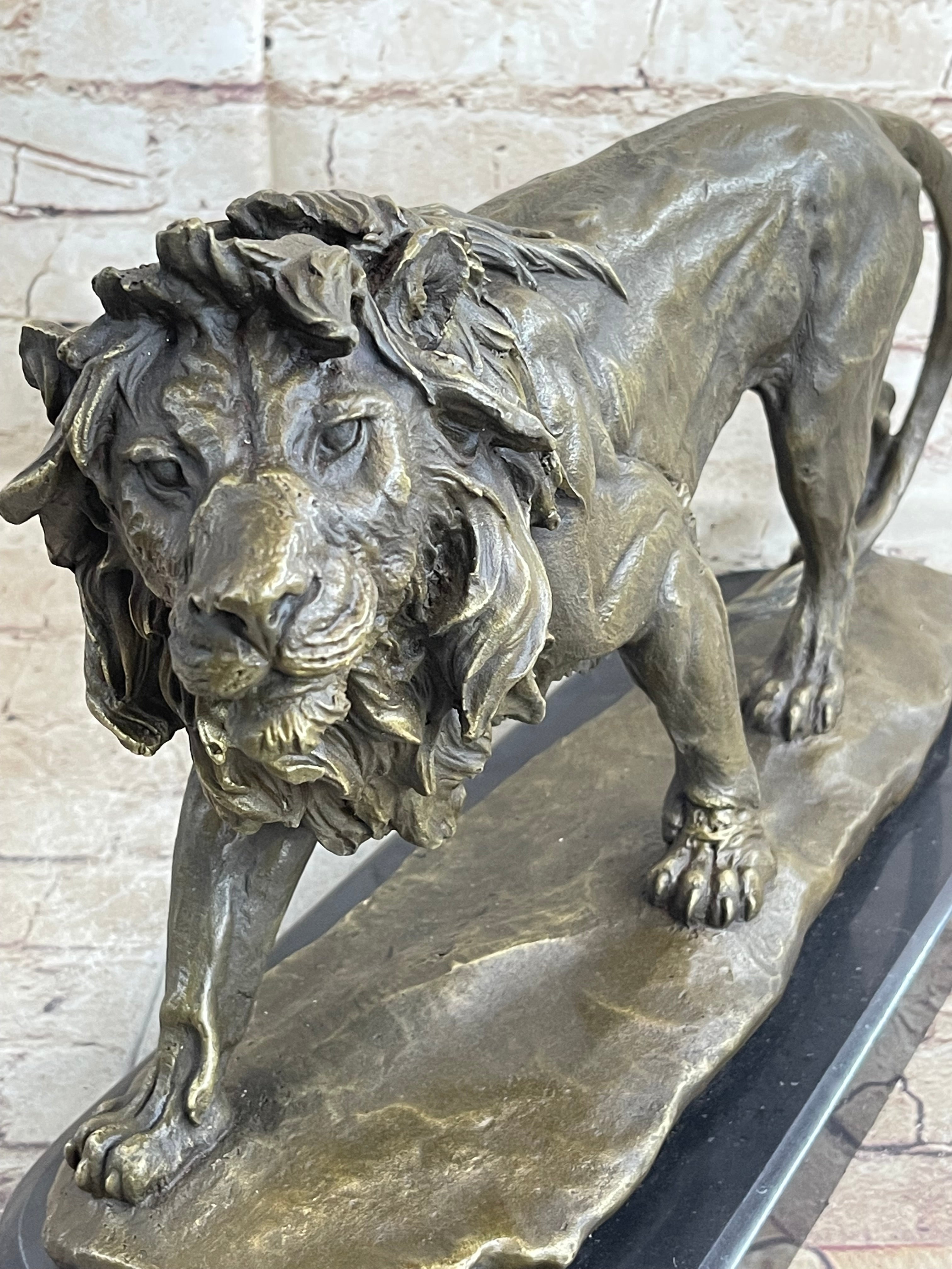 Lion Bronze Sculpture by Antoine Barye on Marble Base