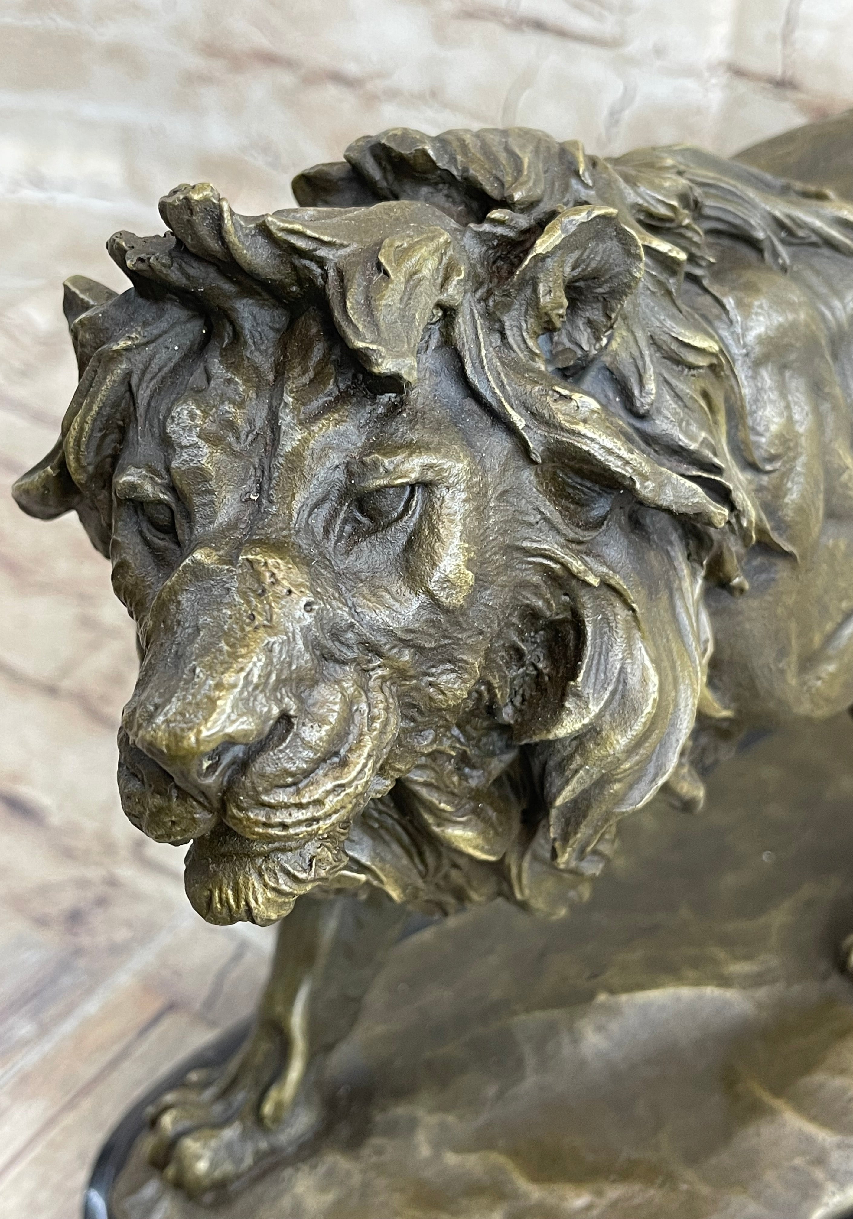 Lion Bronze Sculpture by Antoine Barye on Marble Base