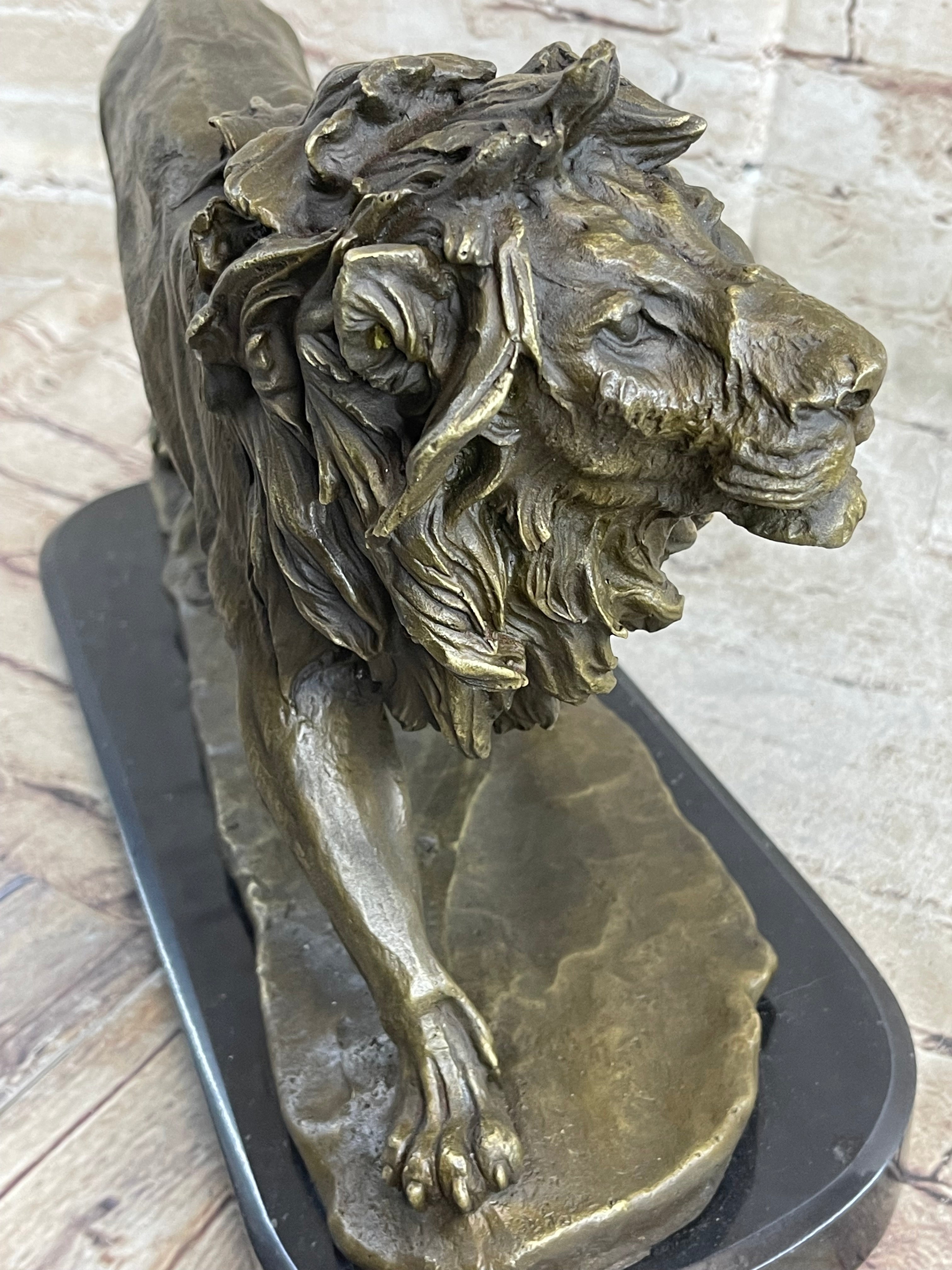 Lion Bronze Sculpture by Antoine Barye on Marble Base