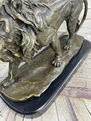Lion Bronze Sculpture by Antoine Barye on Marble Base