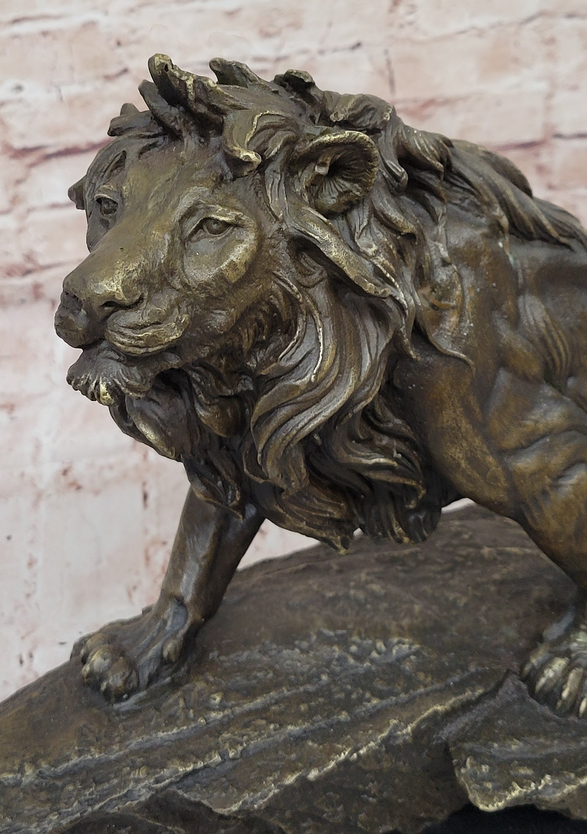 Standing Lion Bronze Sculpture on Marble Base