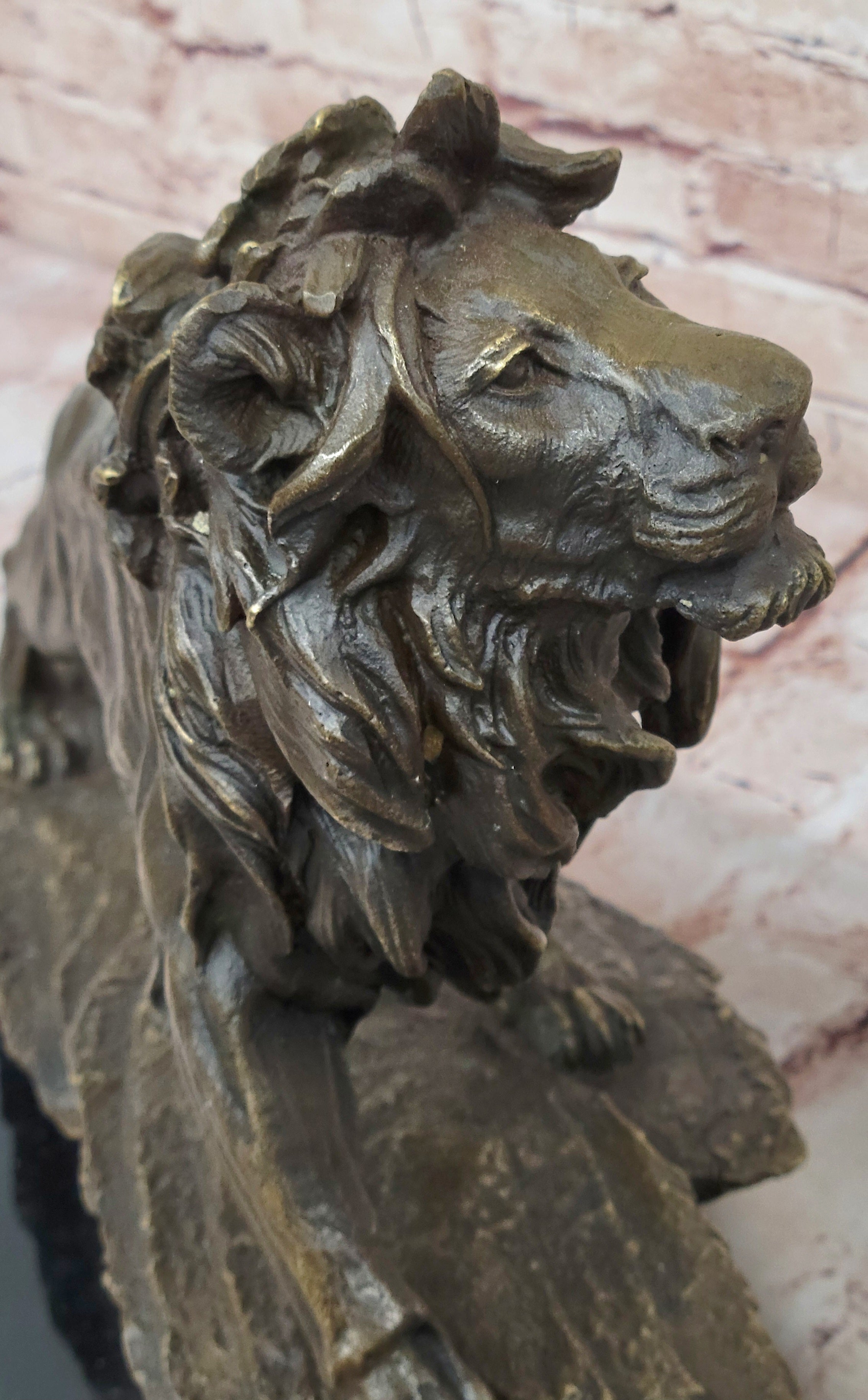Standing Lion Bronze Sculpture on Marble Base