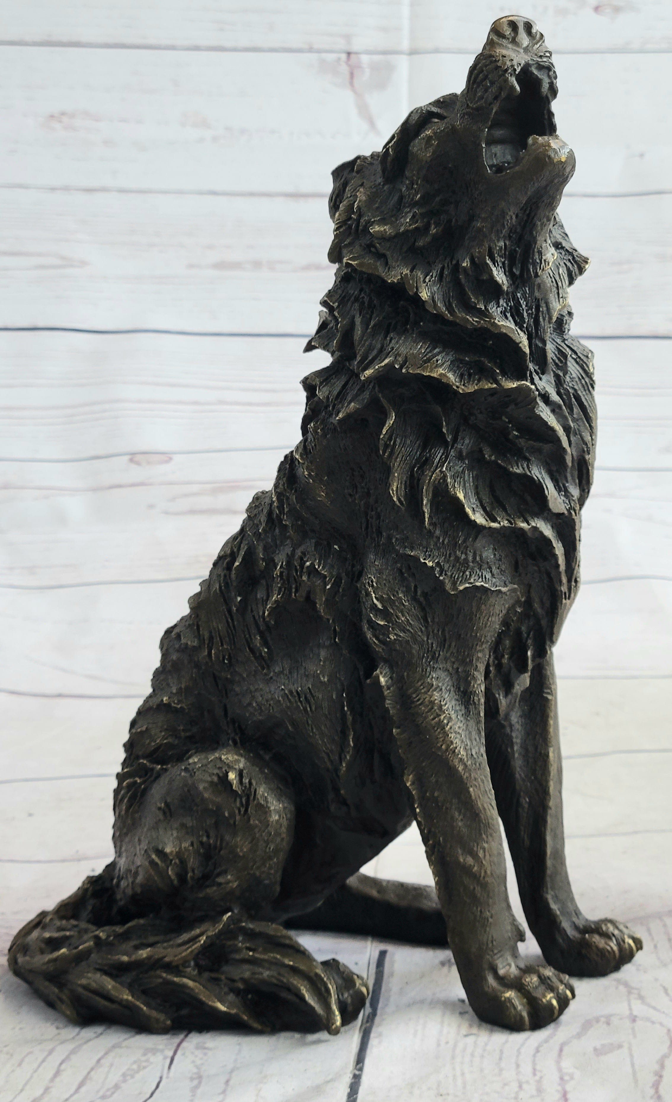 Wolf Howling at the Moon Bronze Sculpture Signed Art 11" x 12"