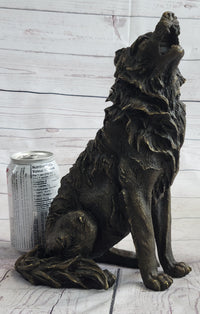 Wolf Howling at the Moon Bronze Sculpture Signed Art 11" x 12"