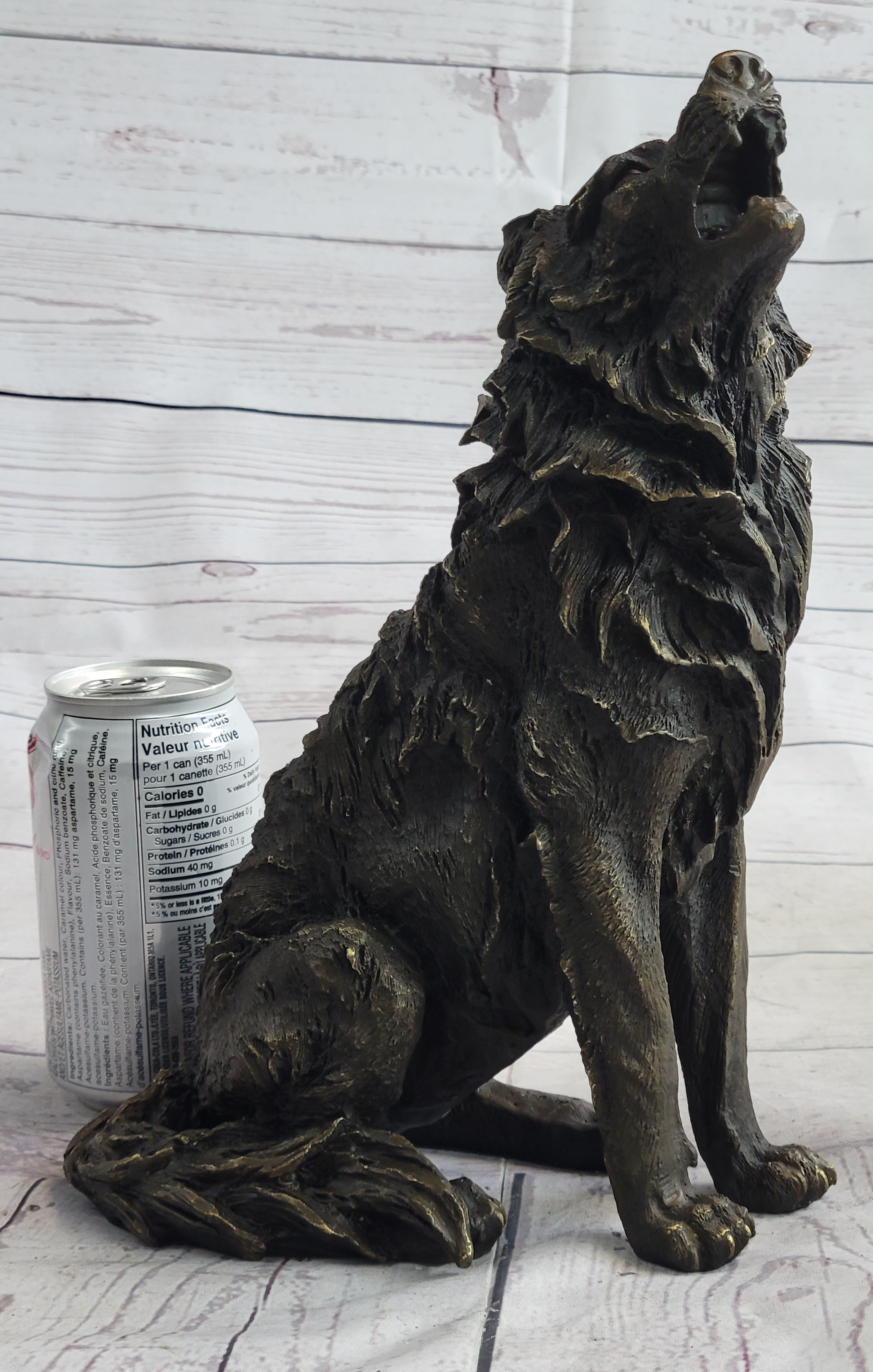 Wolf Howling at the Moon Bronze Sculpture Signed Art 11" x 12"