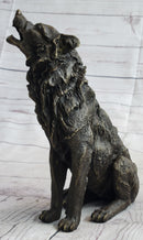 Wolf Howling at the Moon Bronze Sculpture Signed Art 11" x 12"