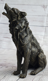 Wolf Howling at the Moon Bronze Sculpture Signed Art 11" x 12"
