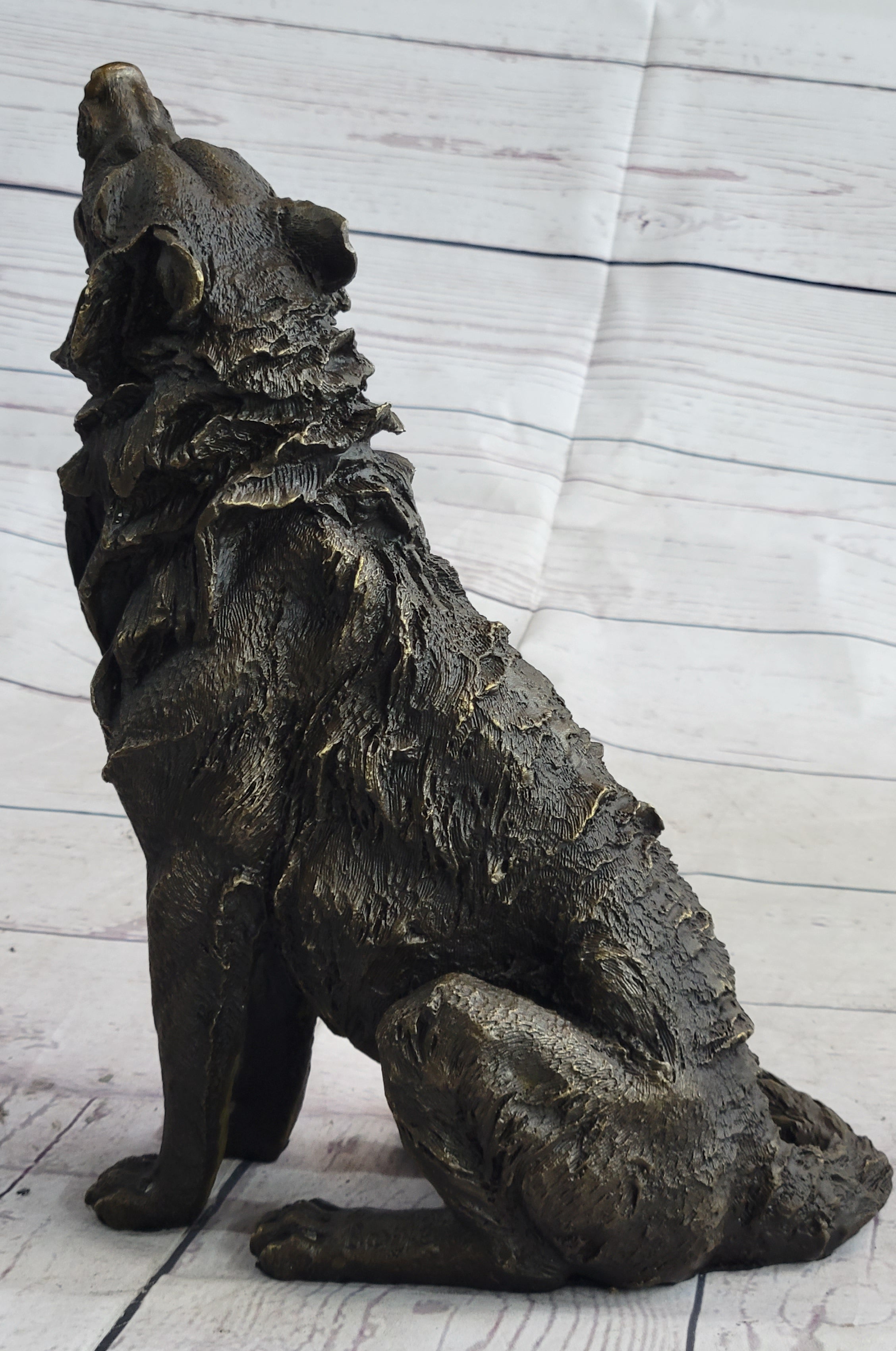 Wolf Howling at the Moon Bronze Sculpture Signed Art 11" x 12"