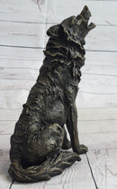 Wolf Howling at the Moon Bronze Sculpture Signed Art 11" x 12"