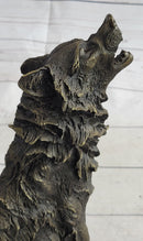 Wolf Howling at the Moon Bronze Sculpture Signed Art 11" x 12"