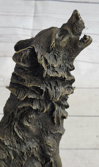 Wolf Howling at the Moon Bronze Sculpture Signed Art 11" x 12"