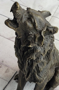 Wolf Howling at the Moon Bronze Sculpture Signed Art 11" x 12"