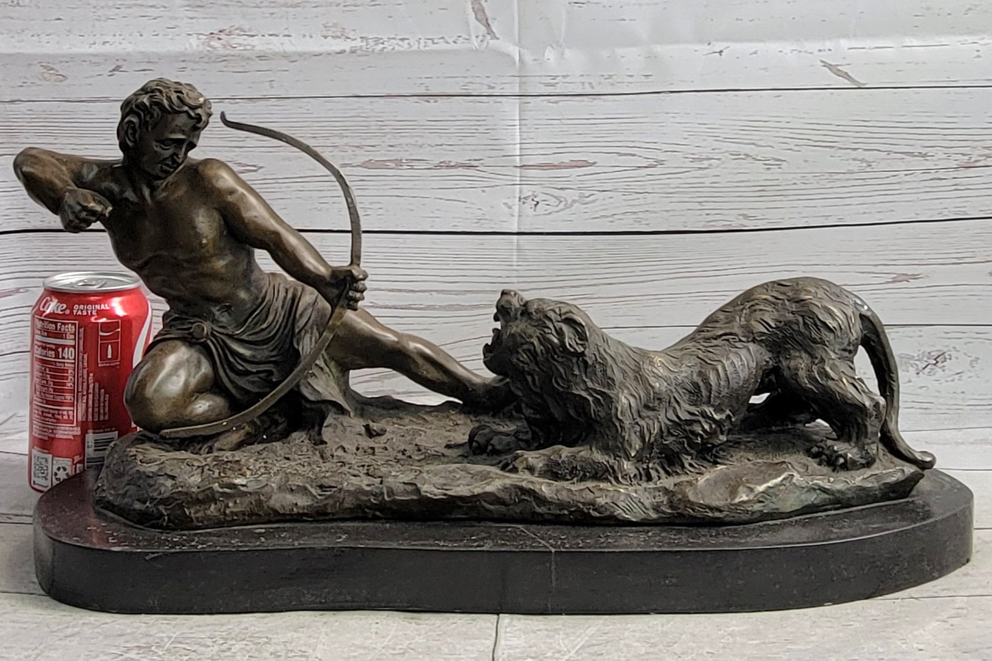 Archer Warrior Hunter Slaying Lion Bronze Sculpture Signed Art