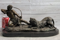 Archer Warrior Hunter Slaying Lion Bronze Sculpture Signed Art