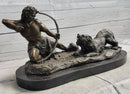 Archer Warrior Hunter Slaying Lion Bronze Sculpture Signed Art