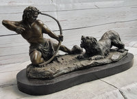 Archer Warrior Hunter Slaying Lion Bronze Sculpture Signed Art