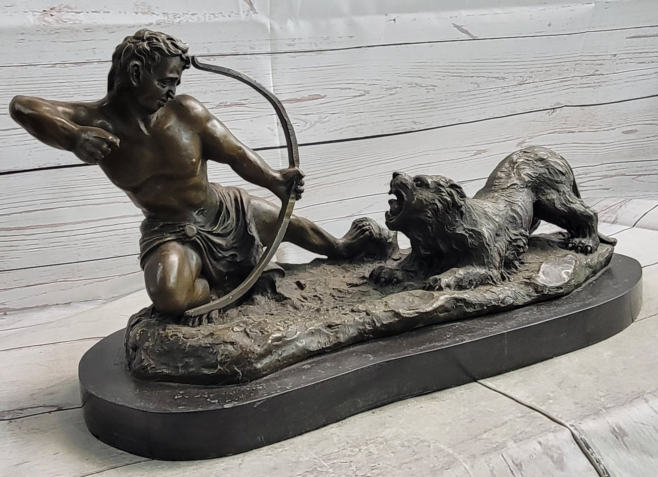 Archer Warrior Hunter Slaying Lion Bronze Sculpture Signed Art