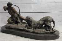 Archer Warrior Hunter Slaying Lion Bronze Sculpture Signed Art