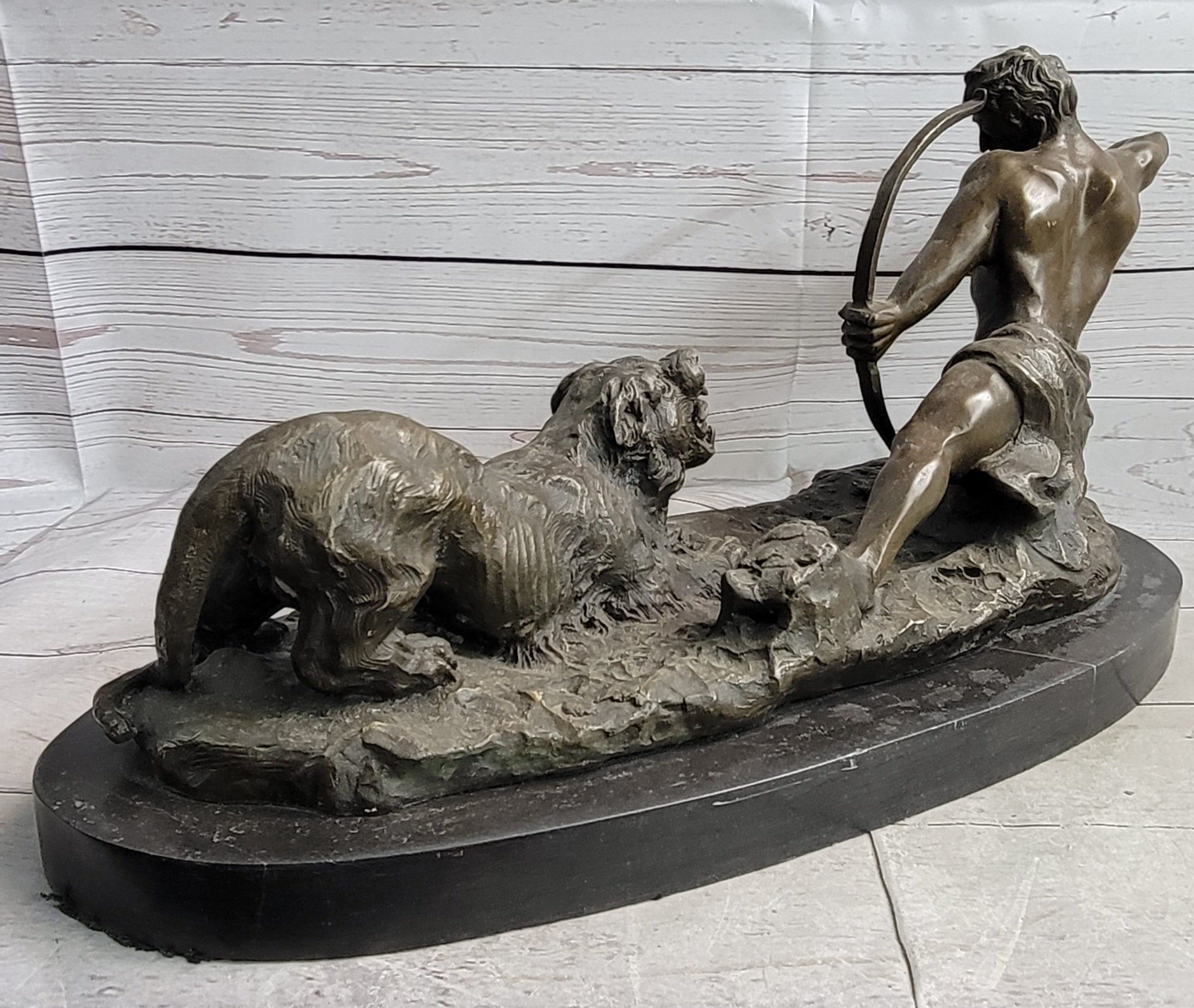 Archer Warrior Hunter Slaying Lion Bronze Sculpture Signed Art