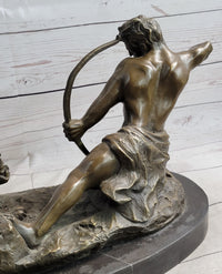 Archer Warrior Hunter Slaying Lion Bronze Sculpture Signed Art