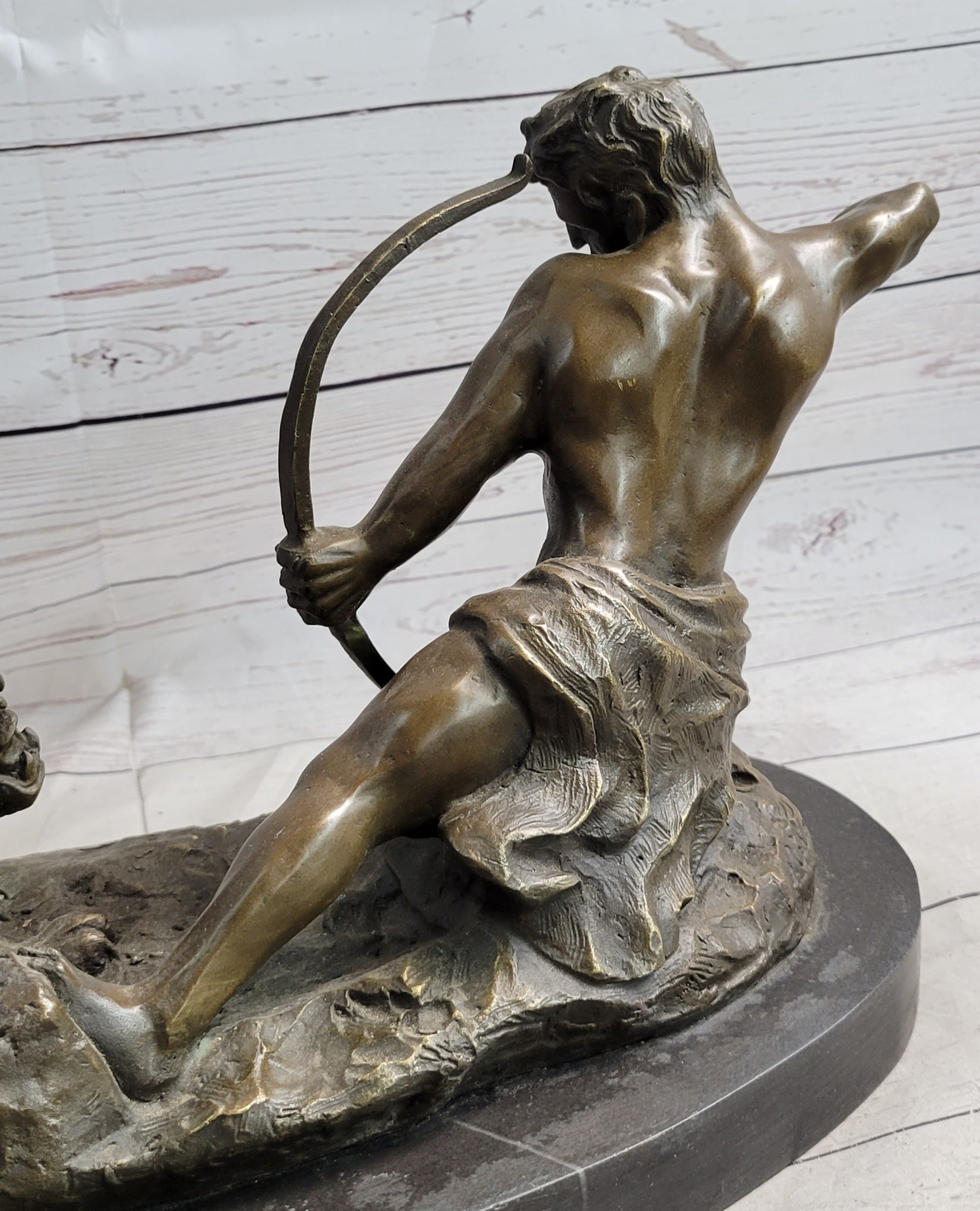 Archer Warrior Hunter Slaying Lion Bronze Sculpture Signed Art
