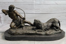 Archer Warrior Hunter Slaying Lion Bronze Sculpture Signed Art