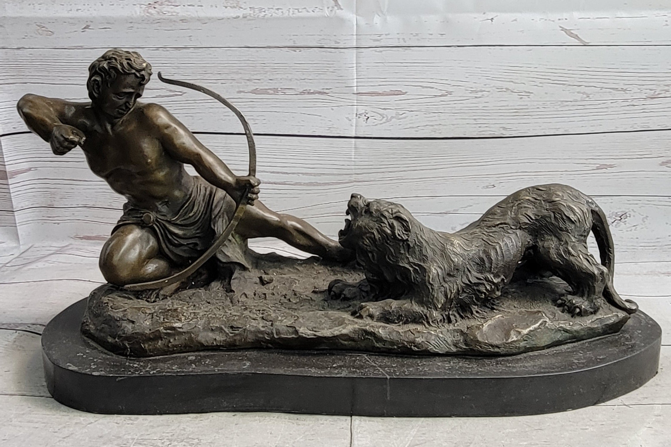 Archer Warrior Hunter Slaying Lion Bronze Sculpture Signed Art
