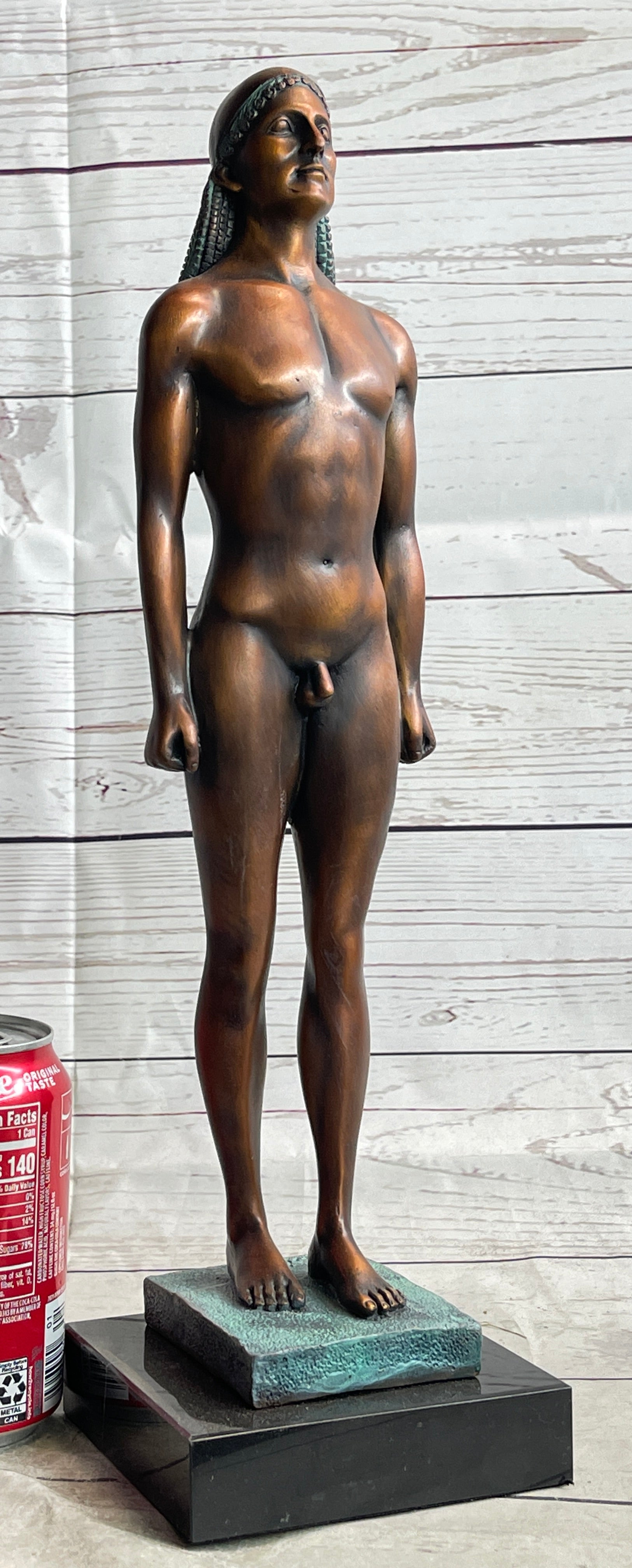 Ancient Greek Kouros Bronze Statue Sculpture Nude Male Man Figure Marble Base 16" x 4.5"