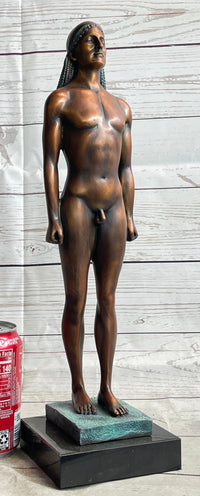 Ancient Greek Kouros Bronze Statue Sculpture Nude Male Man Figure Marble Base 16" x 4.5"