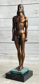 Ancient Greek Kouros Bronze Statue Sculpture Nude Male Man Figure Marble Base 16" x 4.5"
