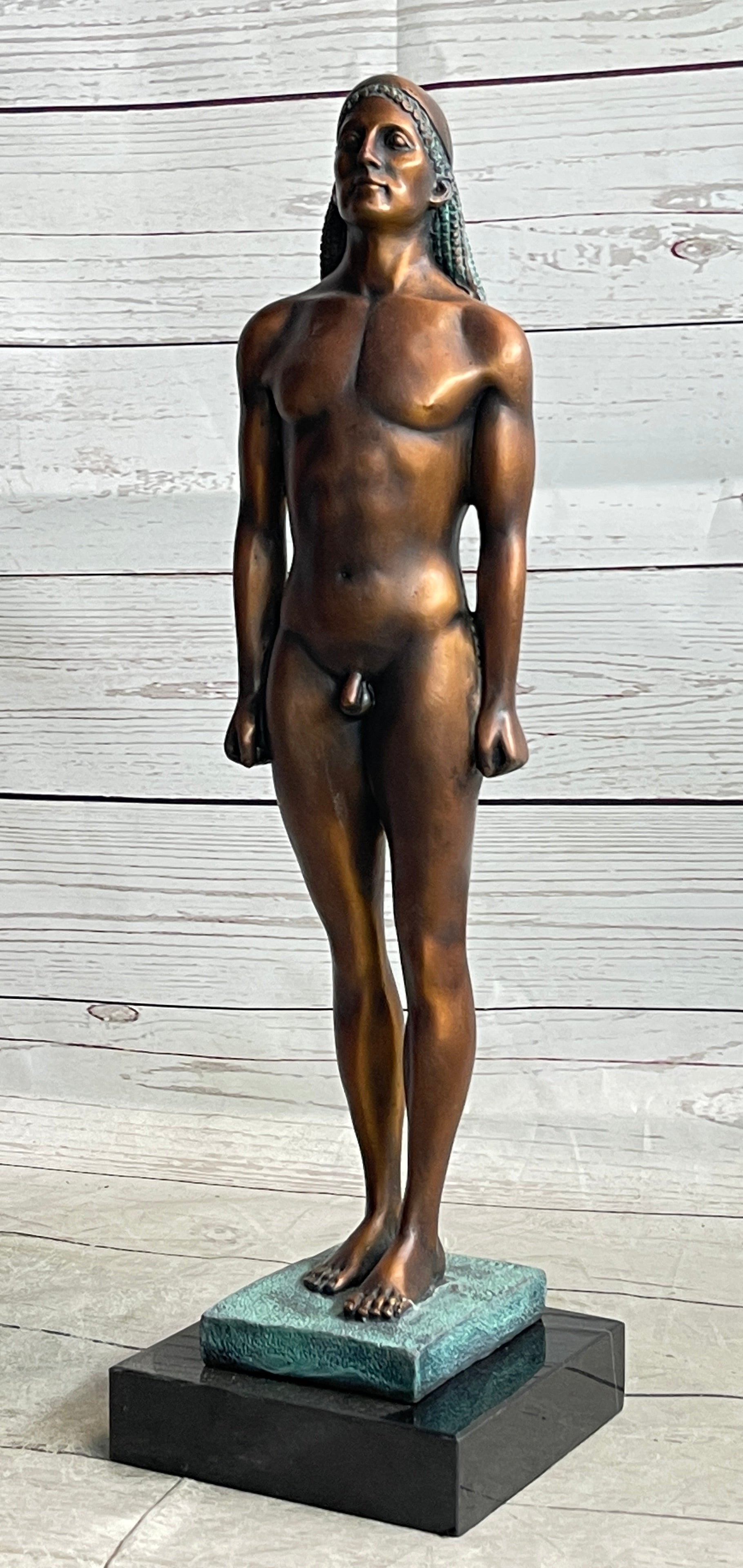 Ancient Greek Kouros Bronze Statue Sculpture Nude Male Man Figure Marble Base 16" x 4.5"