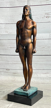 Ancient Greek Kouros Bronze Statue Sculpture Nude Male Man Figure Marble Base 16" x 4.5"