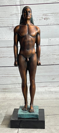Ancient Greek Kouros Bronze Statue Sculpture Nude Male Man Figure Marble Base 16" x 4.5"