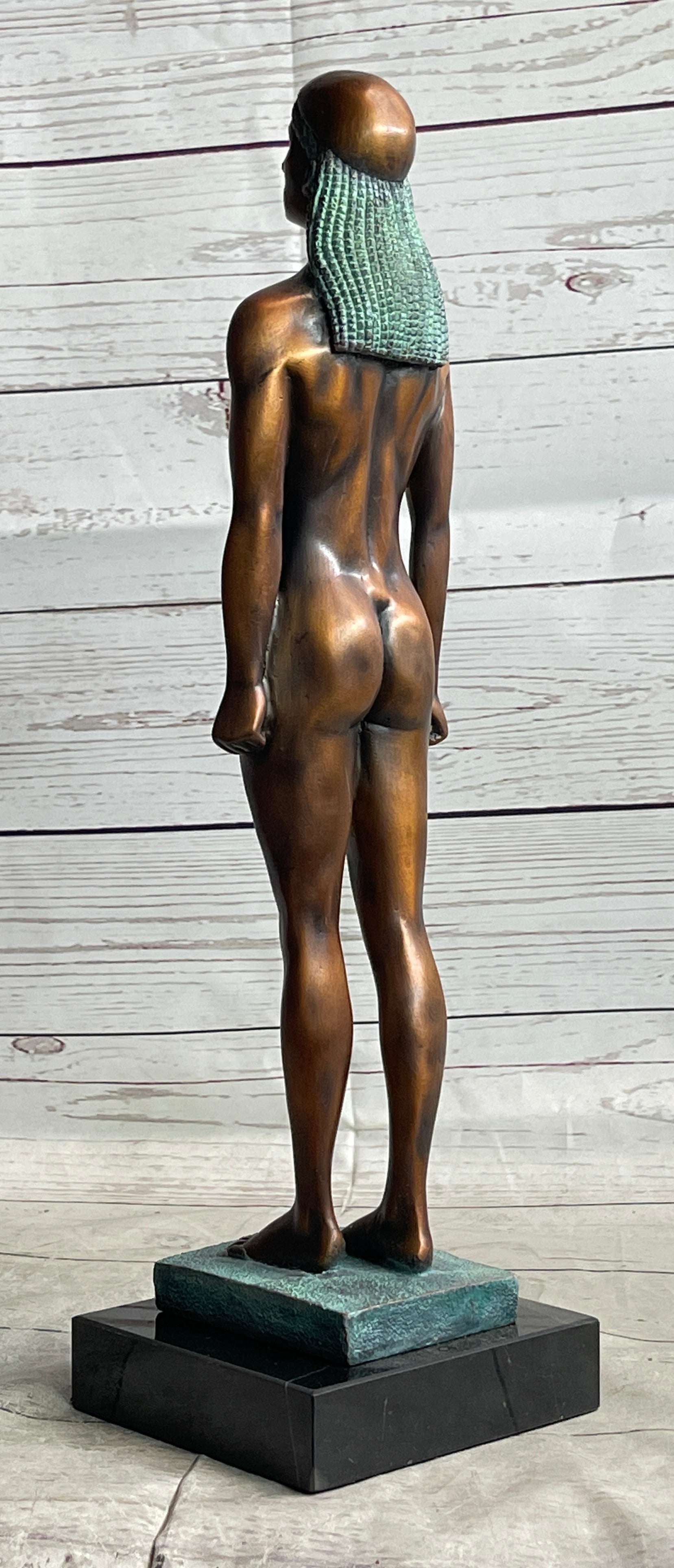Ancient Greek Kouros Bronze Statue Sculpture Nude Male Man Figure Marble Base 16" x 4.5"