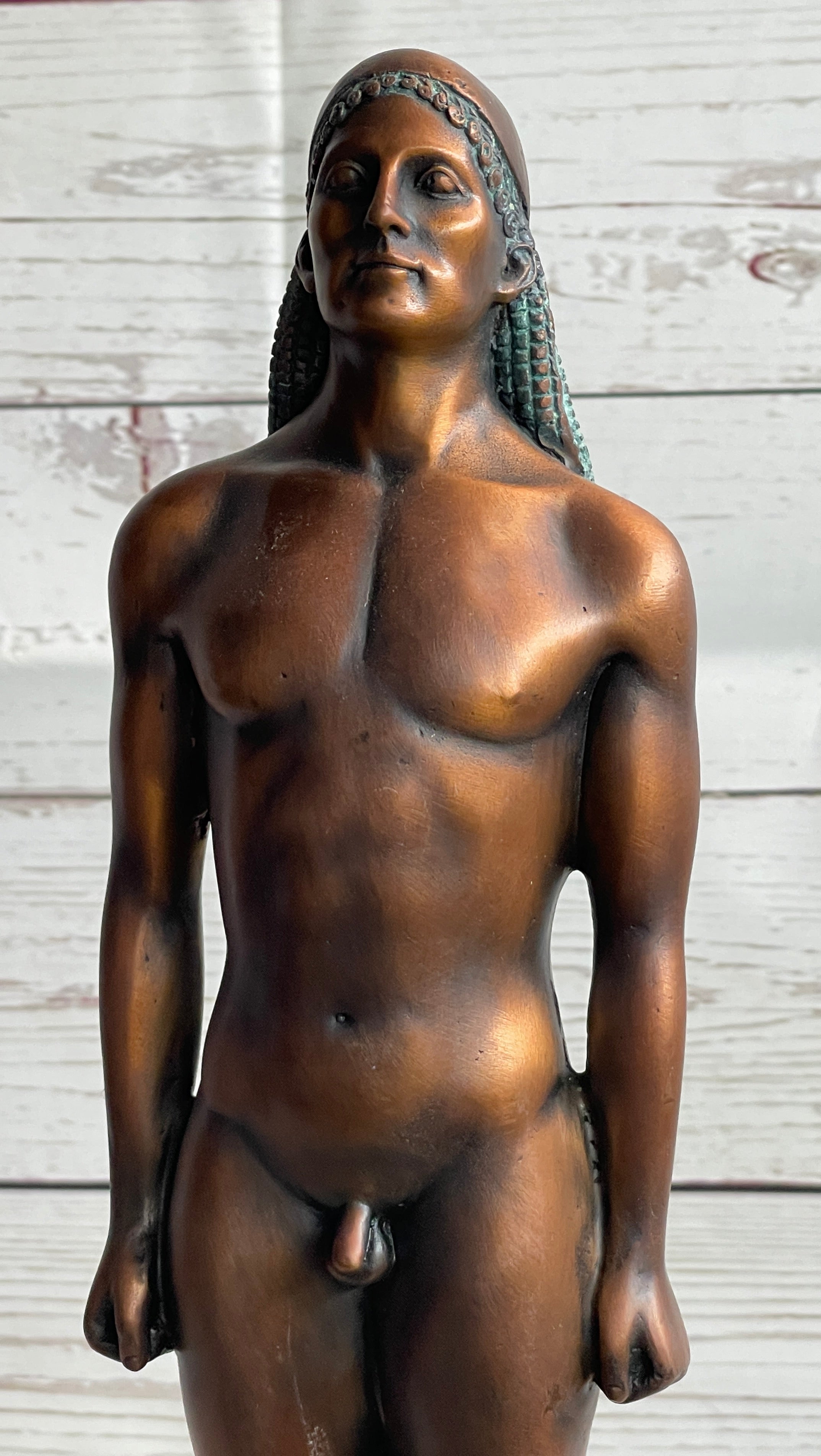 Ancient Greek Kouros Bronze Statue Sculpture Nude Male Man Figure Marble Base 16" x 4.5"