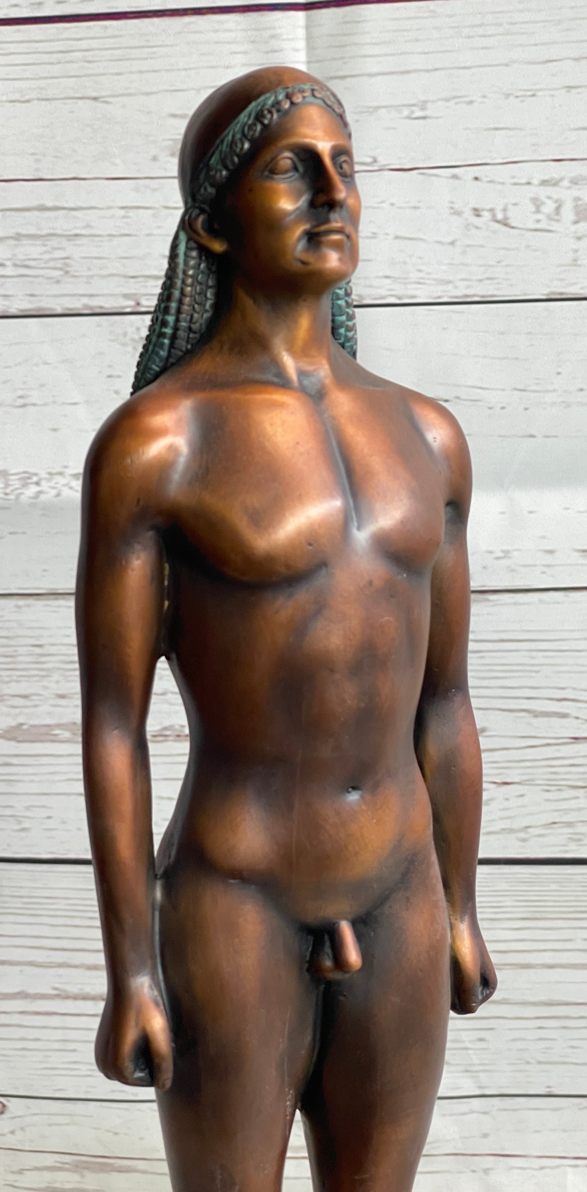 Ancient Greek Kouros Bronze Statue Sculpture Nude Male Man Figure Marble Base 16" x 4.5"