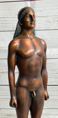 Ancient Greek Kouros Bronze Statue Sculpture Nude Male Man Figure Marble Base 16" x 4.5"